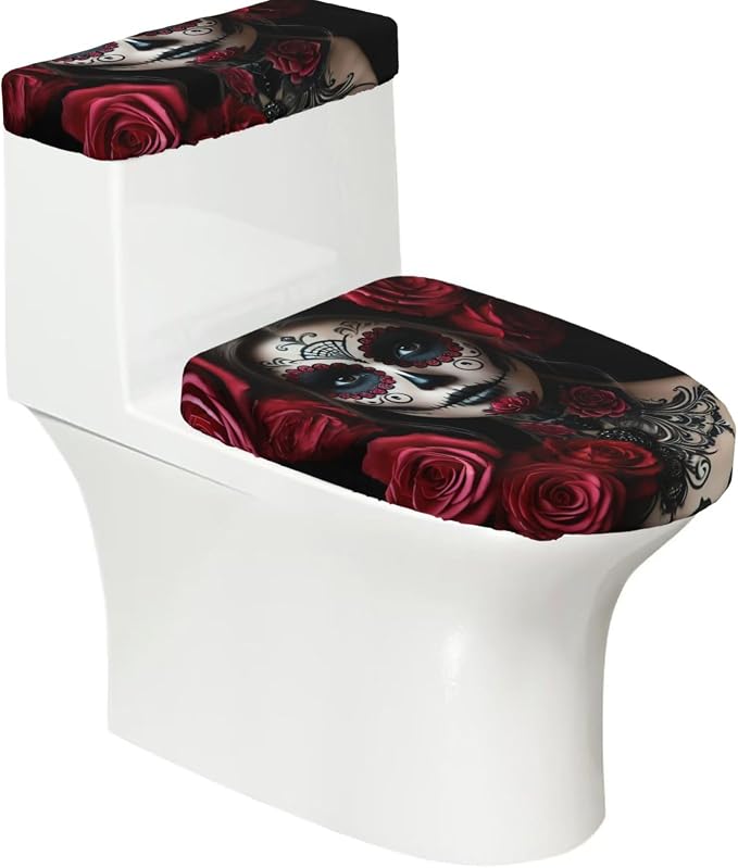 Toilet Lid Cover Set Day Of Dead Women Sugar Skull - skull toilet paper