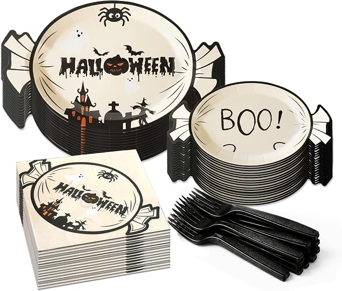 Spooky Halloween Plates and Napkins, Ghost Pumpkin Bat Print - skull plate