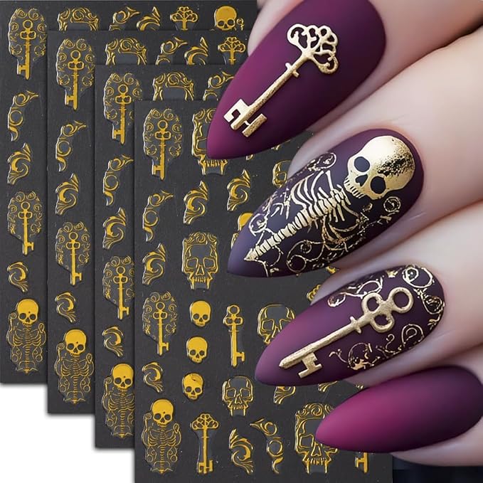 Halloween Nail Stickers for Nail Art Gold Skull Nail Decals Gothic Skeleton Design Sticker 3D Self Adhesive Spooky Nail Art Decoration for Women Manicure Accessories 4Pcs - skull sticker