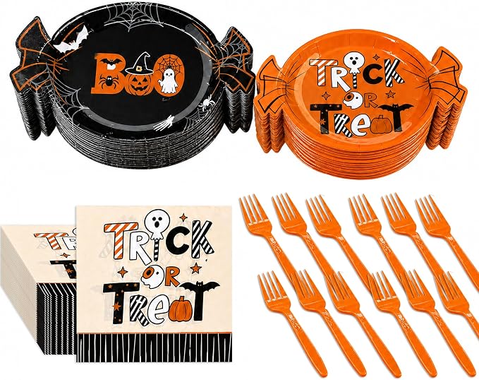 Boo Halloween Plates Napkins Forks, Candy Shaped, Bat Print - skull plate