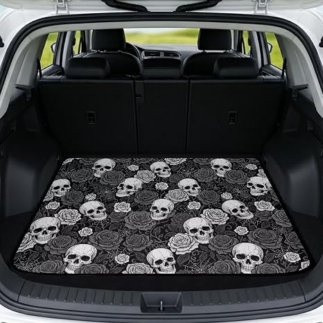 Yewattles Heavy Duty SUV Cargo Liner & Car Trunk Mat All Weather Cargo Mats for Back of SUV Trunk Mat & Carpet Cover Trunk Liner Cargo Trunk Cover Grey Rose Skull - skull carpet