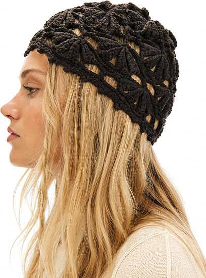 Women's Crochet Beanie, Floral Openwork Skull Cap - skull hat