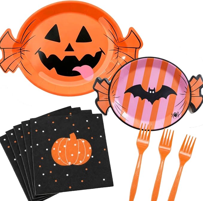Spooky Halloween Plates Napkins, Bat Jack-o'-lantern Print 96Pcs - skull plate