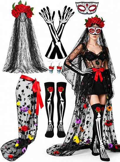 6 Pcs Day of the Dead Women Costume Set Mexican Dia De Los Muertos Outfit - sugar skull costume