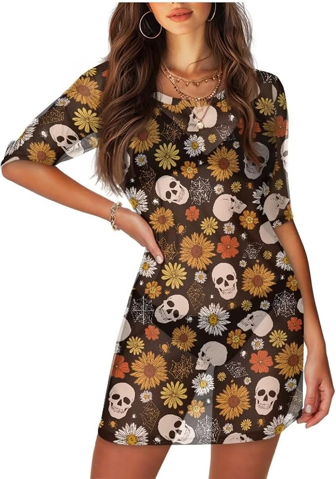 Women's Beach Coverups Swimsuit Bikini Cover Ups See Through Sheer Mesh Dress Short Sleeve Summer T-Shirt Tops - skull swimsuit