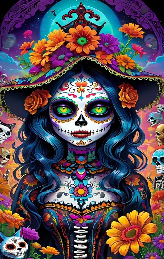 Seralync Halloween Diamond Painting Kits for Adults, 12x16 Inch Sugar Skull Catrina Day of The Dead 5D Diamond Art Kit, Full Drill Round Diamond Dots Craft for Mexican Floral Home Wall Decor Gifts - skull painting