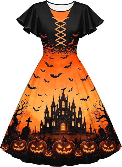 Halloween Dresses for Women Spooky Season Swing Party Dress Fall Outfits - sugar skull dress