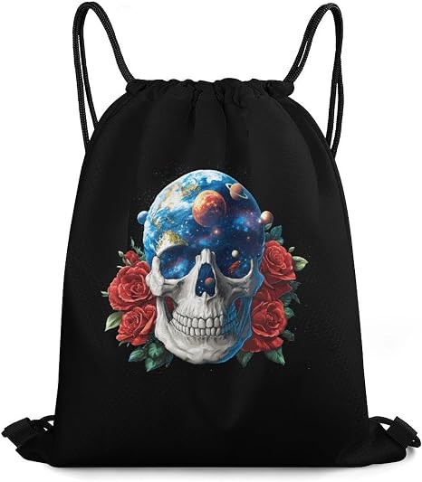 Spacees Face Skull Casual Drawstring Bags Light Sackpack - string light