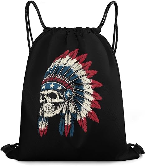 US Native Chief Skull Casual Drawstring Bags Light Sackpack - string light