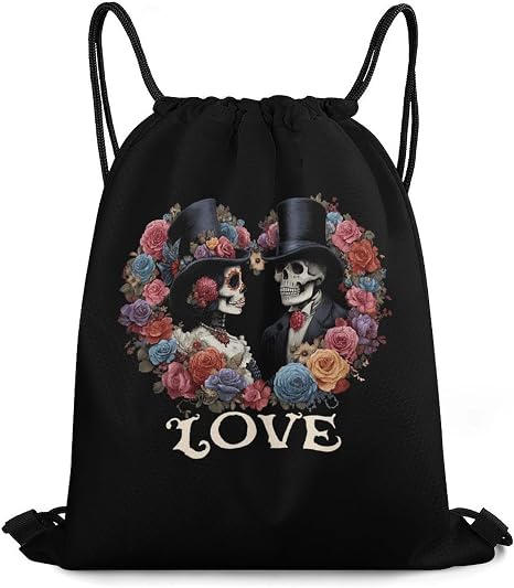 Gothic Skull Floral Casual Drawstring Bags Light Sackpack - string light