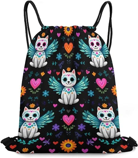Day of The Dead Cat Skull Casual Drawstring Bags Light Sackpack - string light