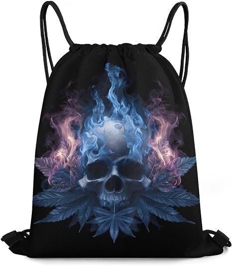 Blue Flame Skull Weed Leaf Casual Drawstring Bags Light Sackpack - string light