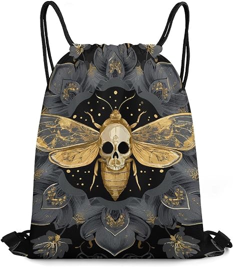 Gold Moth Skull Casual Drawstring Bags Light Sackpack - string light