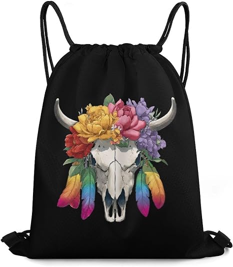 Cow Skull Feather Boho Colorful Casual Drawstring Bags Light Sackpack - string light