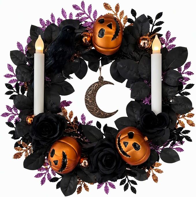 18'' Halloween Wreath with Lights, Black Roses, Crow, Pumpkin - skull wreath