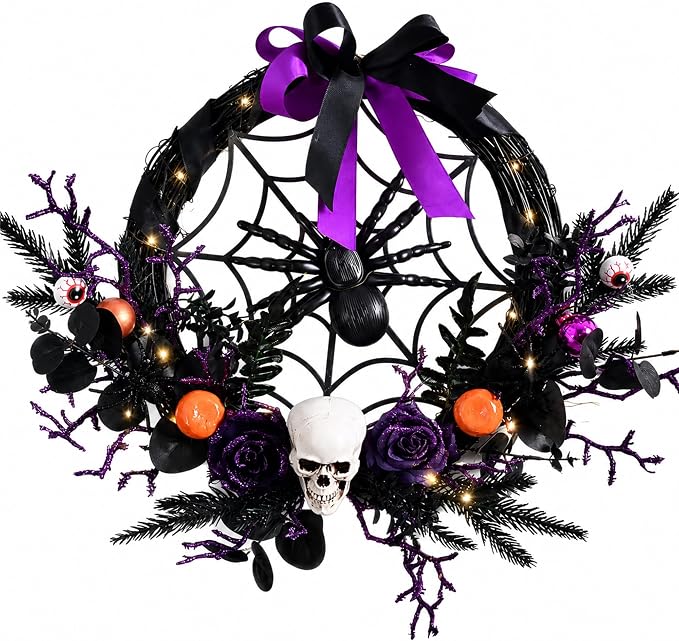 20'' Lighted Halloween Wreaths for Front Door - Spider Skull Black Wreath - skull wreath