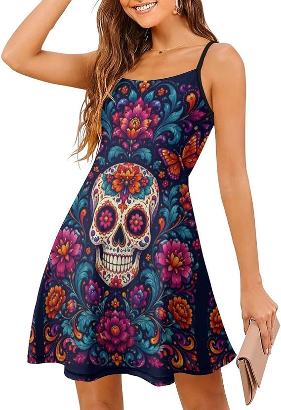 Womens Summer Sundress Spaghetti Strap Mini Dress Vintage Deer Skull - sugar skull dress