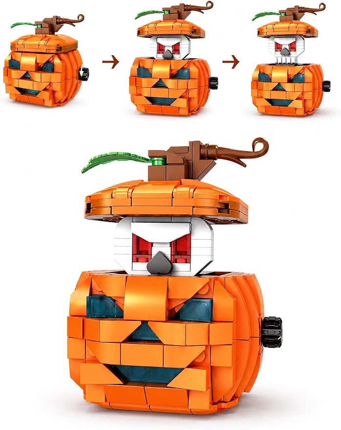 Pumpkin Building Set, Orange Jack-O’-Lantern with Hand-Crank Rising Skull