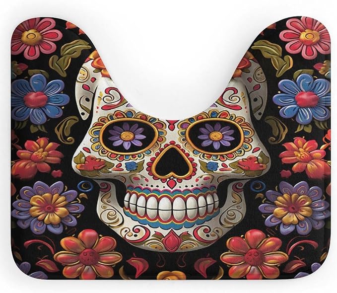 Absorbent Sugar Skulls U-Shaped Bathroom Rug for Toilet Base - skull floor mat