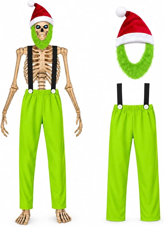 3 Pcs Christmas Costume Set for 12 Ft Skeleton, Santa Hat with Green Beard, Pants and Suspenders, Holiday Outdoor Decoration - skeleton