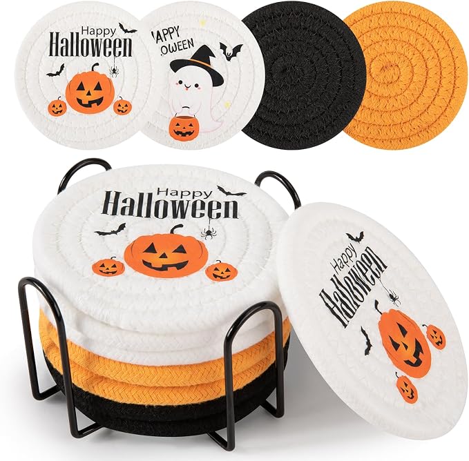 OIAHOMY 8 Pcs Halloween Coasters with Holder for Beer, Coffee, Woven Cotton Coaster Set for Table Decor for Kitchen, Bar, Dining Room, Living Room, Housewarming Gifts - Halloween Mixed Color - skull coaster