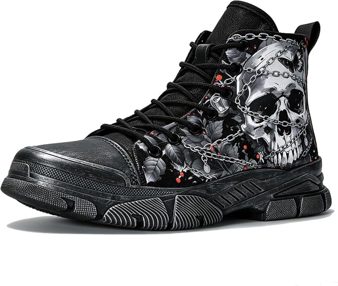 Men’s Gothic Skull Canvas Combat Boots, Women’s Casual Punk Boots