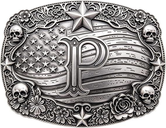 Western Vintage Initial Letter Belt Buckle, US Flag Skull, Silver - skull wallet