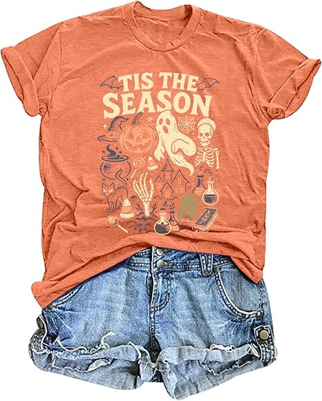 Halloween Shirts for Women Spooky Season Short Sleeve Tis The Season Tee - skull tshirt