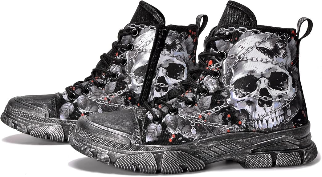 Men's Gothic Skull Canvas Combat Boots, Women's Casual Punk Boots - sugar skull costume