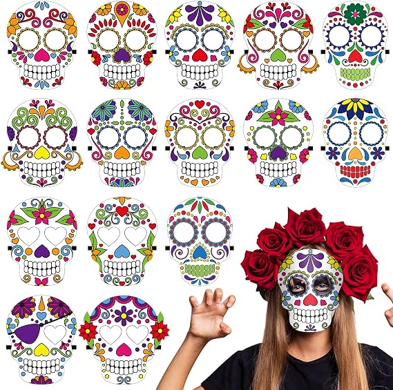 Janmercy 15/30 Pcs Day of The Dead Felt Masks Halloween - sugar skull makeup