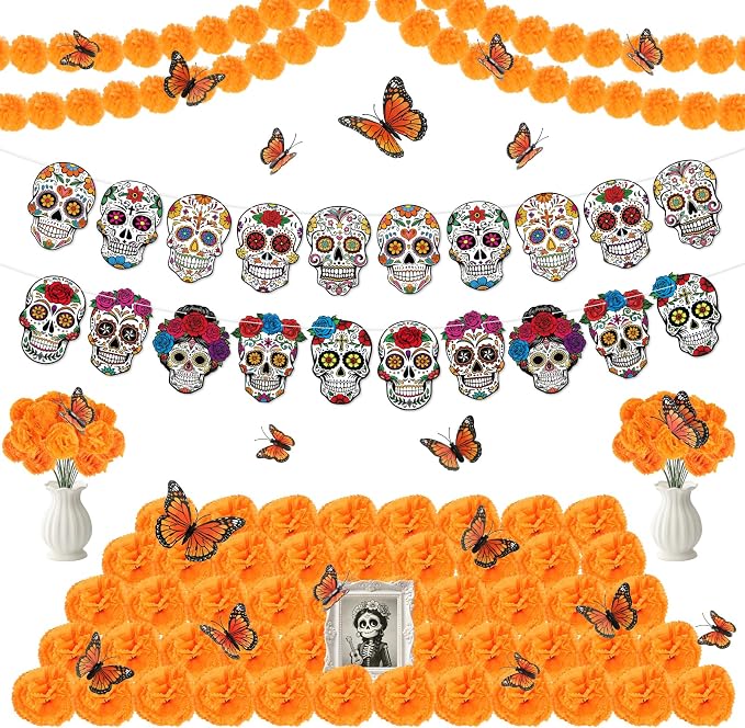 Dia De Los Muertos Decorations Day of The Dead Altar Ofrenda Decor Kit 20 Skull Papel Picado Banner 2 Marigold Garland 50 Marigold Flowers 12 Fake Butterfly for Backdrop Indian Diwali Altar Supplies - skull carpet