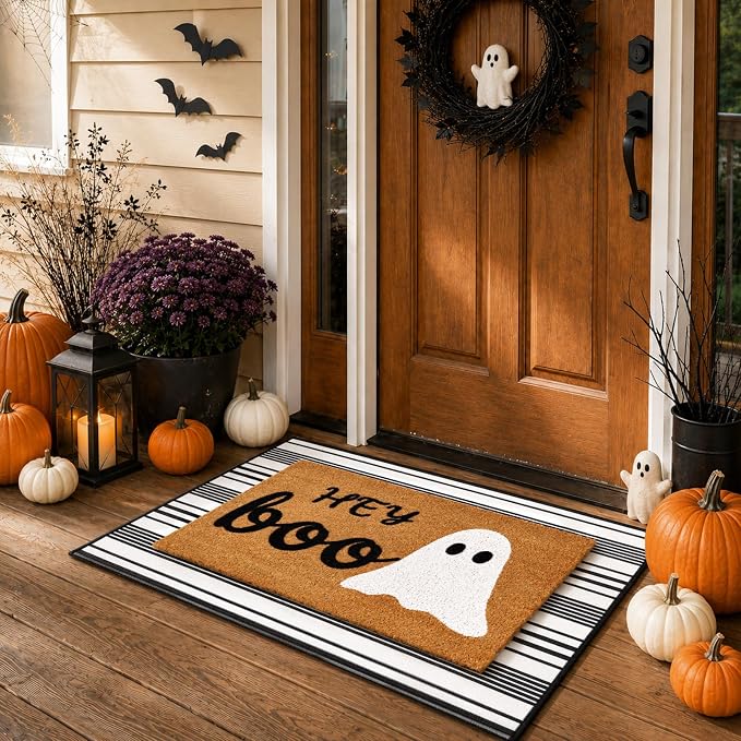 2Pcs Halloween Doormat Natural Coir Hey Boo Mat Striped Layering Rug - skull door mat