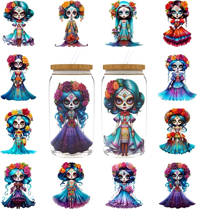 12PCS Day of the Dead Girl UV DTF Stickers for 16oz Multi Scene Mugs - skull sticker