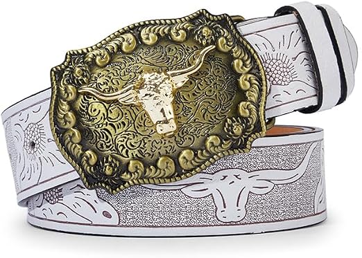Vintage Western Cowboy Belt with Bull Buckle, Embossed Leather - skull wallet