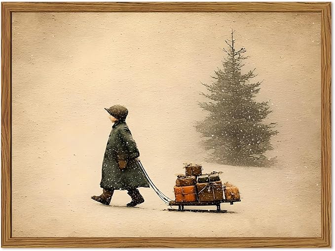 Framed Christmas Wall Art, Vintage Boy Pulling a Sleigh with Gifts Pictures Wall Decor Paintings, Rustic Farmhouse Holiday Canvas Prints for Living Room Bedroom Entryway 12x16 Inch - skull wall art