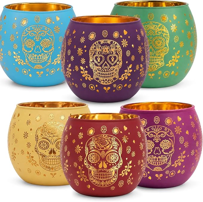 6 Pcs Day of The Dead Candles Holders Dia De Los Muertos Decors - skull candle