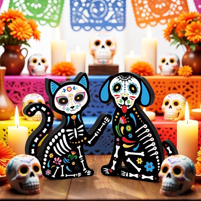 2 Pcs Dia De Los Muertos Decorations Ofrenda Altar Figurines Day of the Dead Cat Dog Sugar Skull Decor Wooden Pet Sign Table Centerpieces for Halloween Mexican Alter Home Office Mantle Tabletop - skull plate