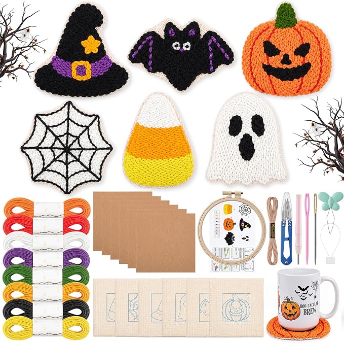 Sosation 6 Pcs Halloween Punch Needle Coaster Kit for Beginners - skull coaster
