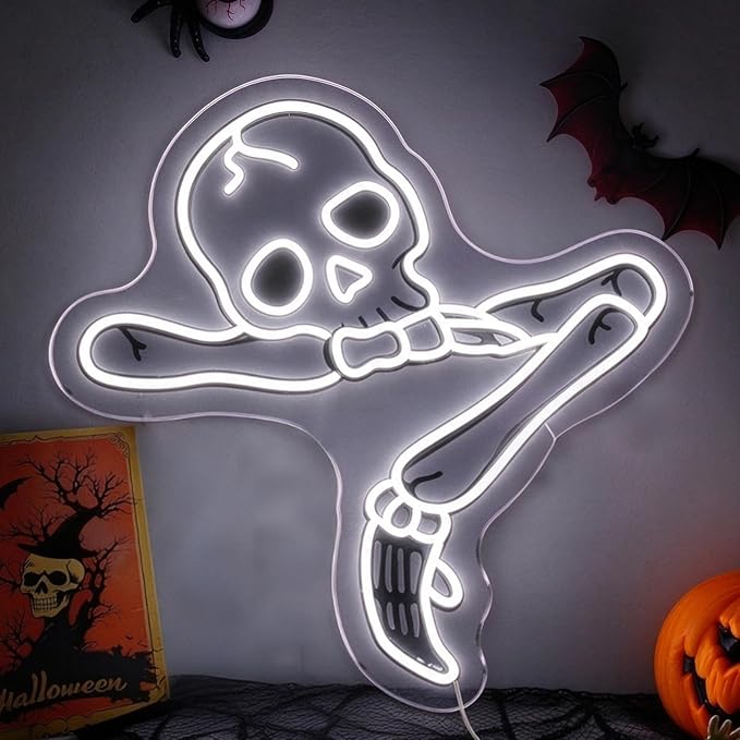 Skull & Skeleton Neon Sign,Halloween Home Decor,Gothic LED Wall Art 12.99in - skull lamp