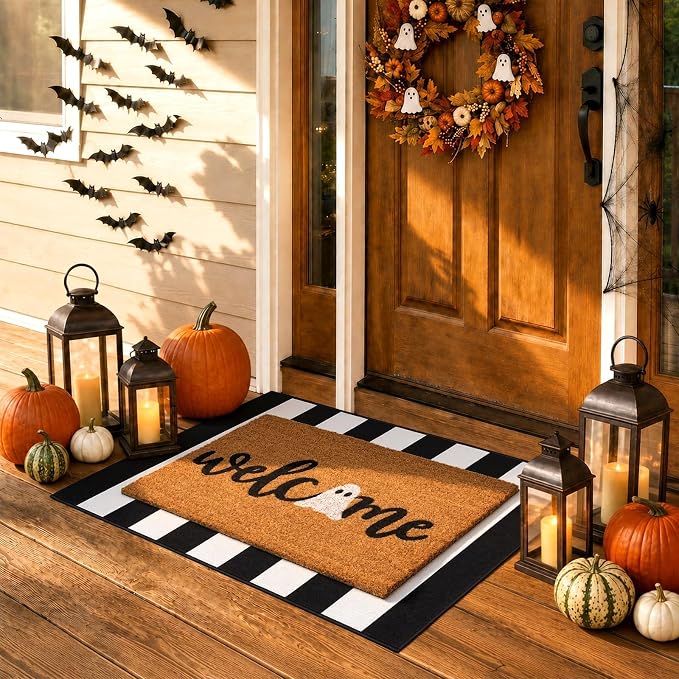 2Pcs Halloween Doormat Natural Coir Welcome Mat Striped Layering Rug