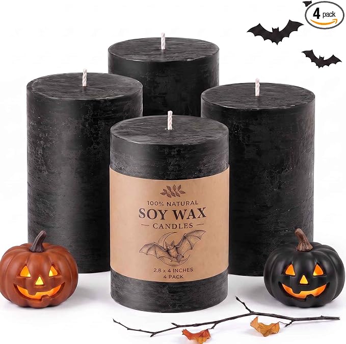 Black Soy Pillar Candles,Unscented Halloween Dinner Candles,4 Pack,2.8x4In - skull candle
