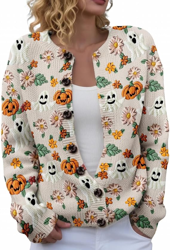 Halloween Cardigan for Women Button Down Cute Print Knit Outerwear Sweater - skull jacket