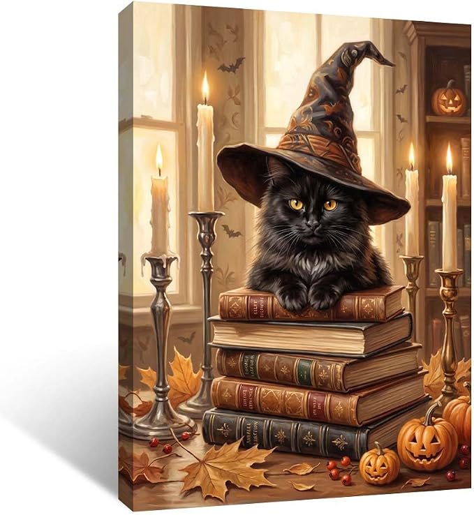 Black Cat Wall Art Decor Halloween Framed Canvas Picture Print Fall Room - skull painting