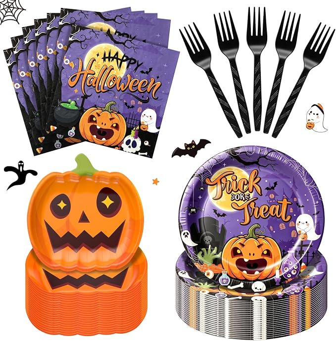 100 PCS Pumpkin Halloween Plates and Napkins Party Supplies Serves 25 - skull plate