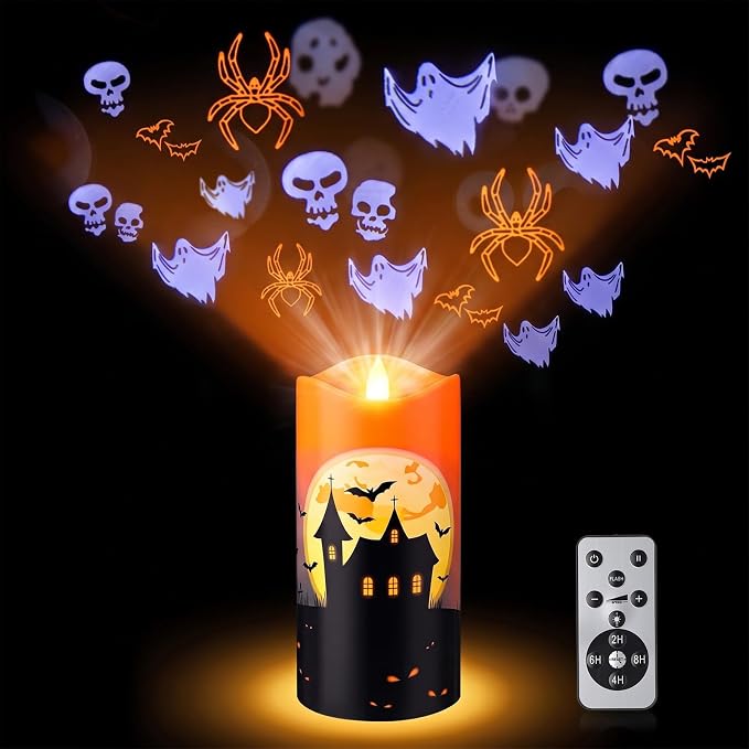Halloween Flameless Projector Candle Light with Control, Skeleton, Spider - skull candle