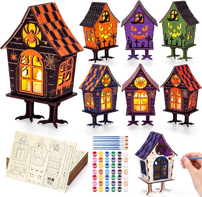 Gerrii 12 Sets Halloween Crafts Wooden Halloween Coloring Houses to Paint - skull painting