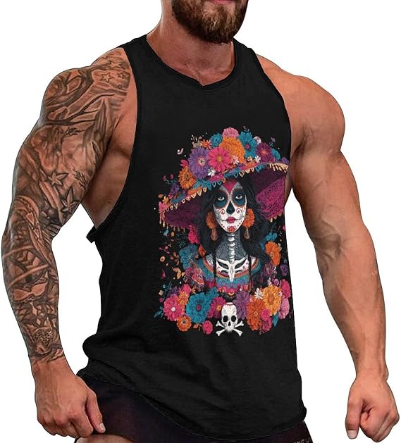 Colorful Sugar Skull Woman Mens Tank Top Slim Fit Workout Gym Tops 5XL - skull tank tops