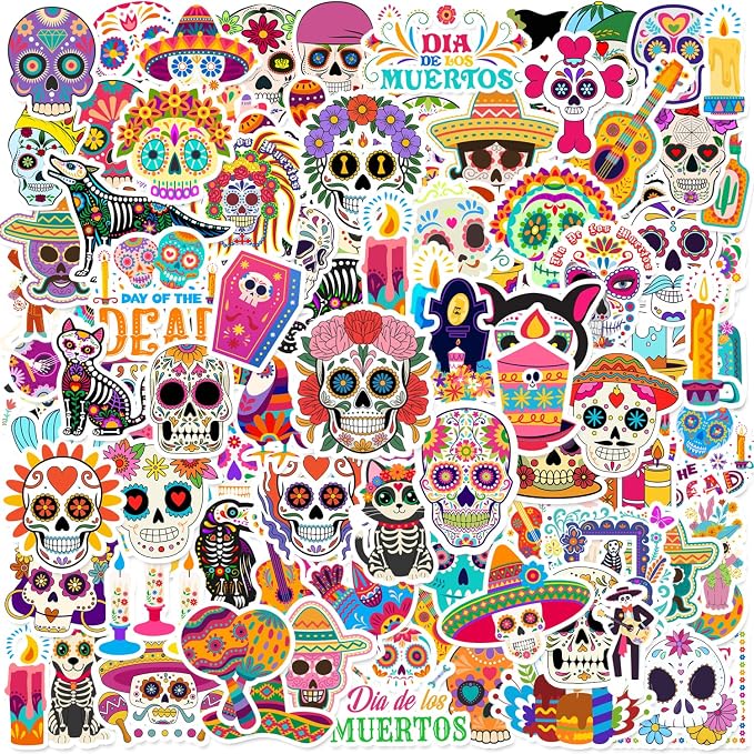 120PCS Day of the Dead Stickers, Dia De Los Muertos Party Favors Birthday Party Decorations Vinyl Waterproof Stickers for Water Bottle Laptop Luggage Helmet Gifts for Teens Boys Girls Adult - skull sticker