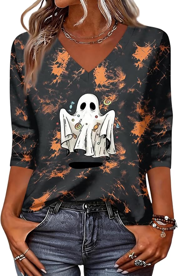 Graphic Halloween T-Shirts for Women 3/4 Sleeve V Neck Boosch Ghost Shirt Sugar Witch Skull Tees Bat Spooky Top - skull tshirt