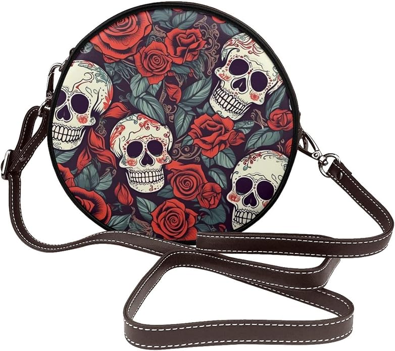 Sugar Skulls and red Roses Shoulder Bag for Women PU Leather Purses Retro Clutch Handbags with Zipper & Removable Strap for Daily Use, Phone Wallet, Trendy Ladies Crossbody Bag - sugar skull handbags for sale